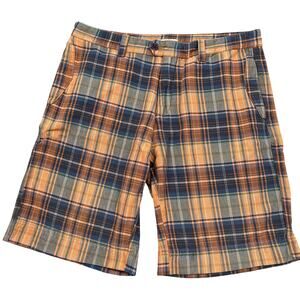 Russell Simmons Shorts Men 34 Orange Navy Plaid Cotton 10" Inseam Argyle Culture